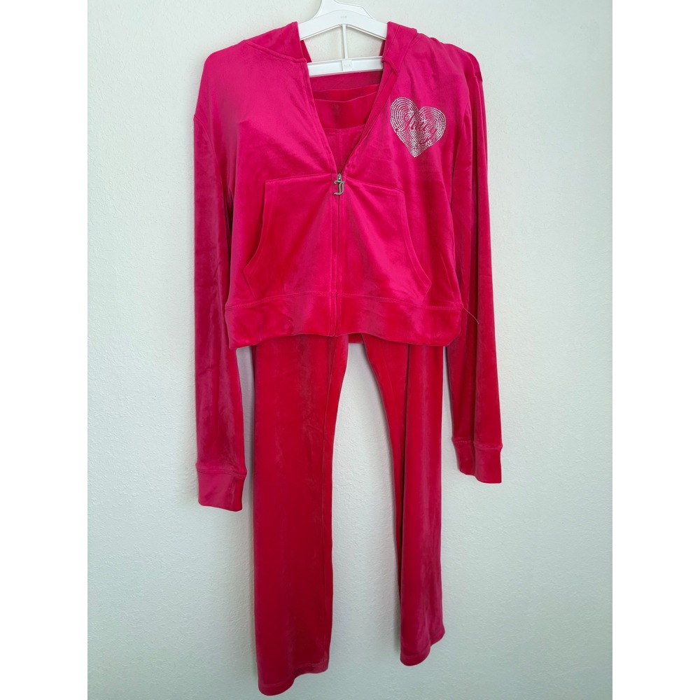 Juicy Couture Tracksuit Women XL vixen Pink NEW Velour Rhinestone Heart Crop Set